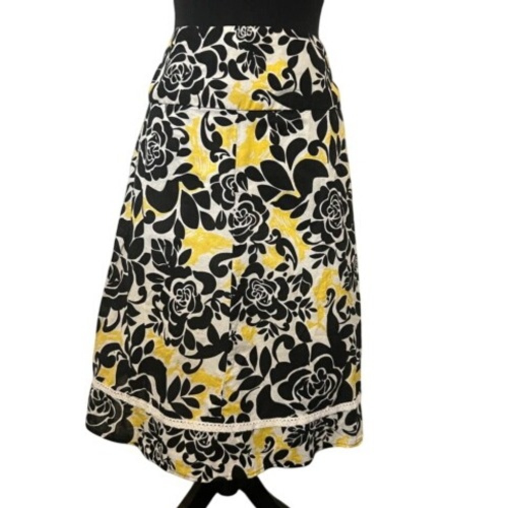 Dressbarn A Line‎ Midi Skirt Lined Lace Trim Floral Black Yellow USA Boho 10